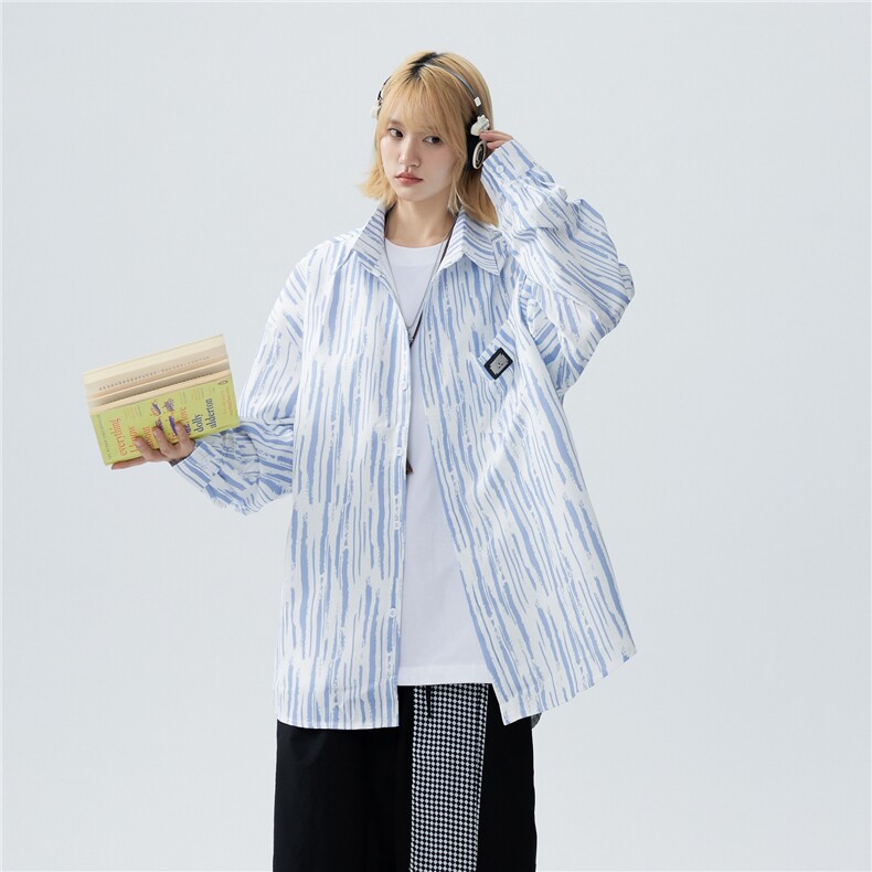 XZ-230-1CS528秋中性风宽松简约百搭水墨条纹休闲长袖衬衫P50控68，男装衬衫，星座230-1