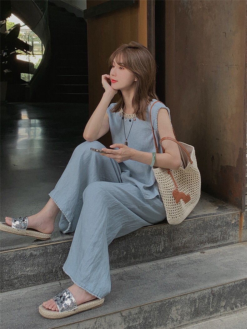 [现货]2025年夏季新款纯色无袖上衣+直筒裤两件套2525款P145-K208,女装套装/套裙,浙宝301
