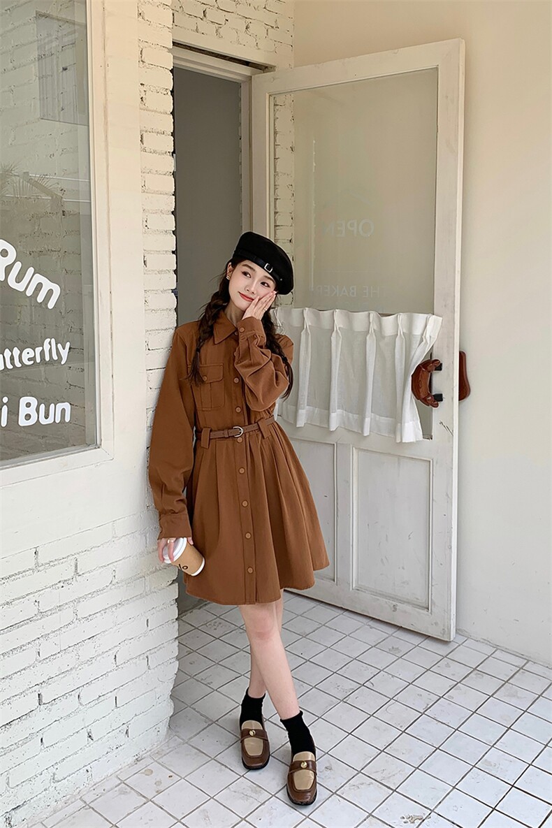 焦糖色连衣裙女春秋2025新款小个子气质工装裙爆款气质衬衫裙洋气,女装连衣裙,浙宝276（原081）