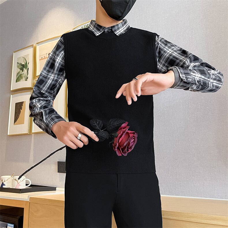 秋冬新款男士衬衫格子袖毛衣假二件男冬季打底衫301A-1/M82/P75,男装T恤,星座301A-1