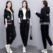 2021春季新款时尚潮流字母印花休闲舒适气质连帽两件套，女装套装/套裙，魅影