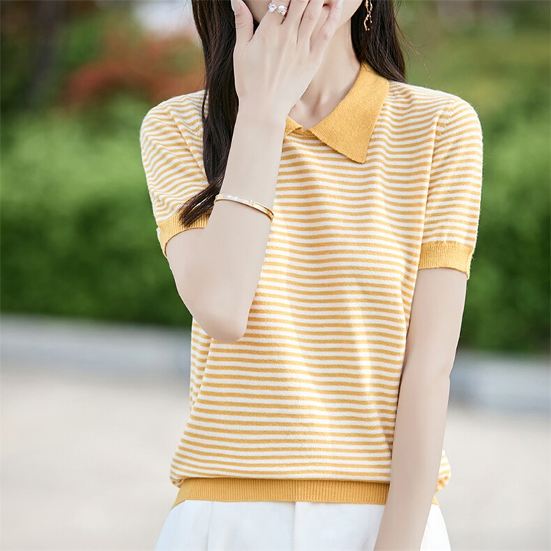 条纹短袖t恤女装2025夏季新款洋气小个子气质上衣羊毛针织衫百搭,女装T恤,斯美雅安迪绒