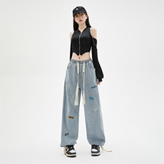 904-2-XKZ207-P65重磅美式刺绣牛仔裤直筒男女生长裤拖地裤两穿，男装牛仔裤，星座904-2