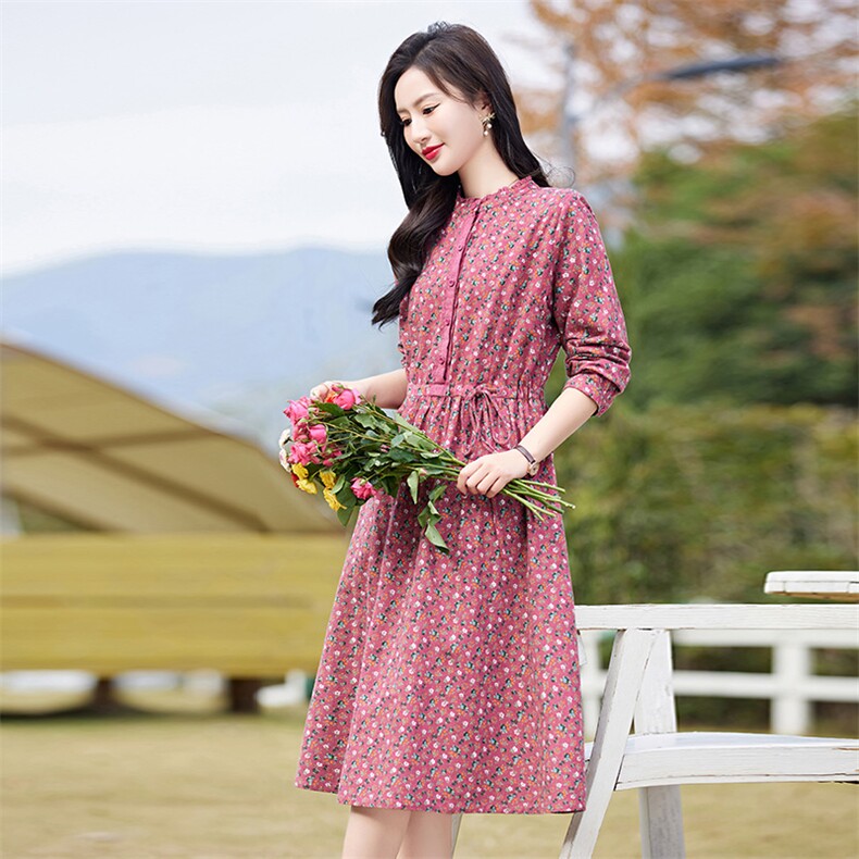 高端纯棉碎花连衣裙女长袖2026春季新款淑女气质收腰显瘦印花长裙,女装连衣裙,倪叶myz