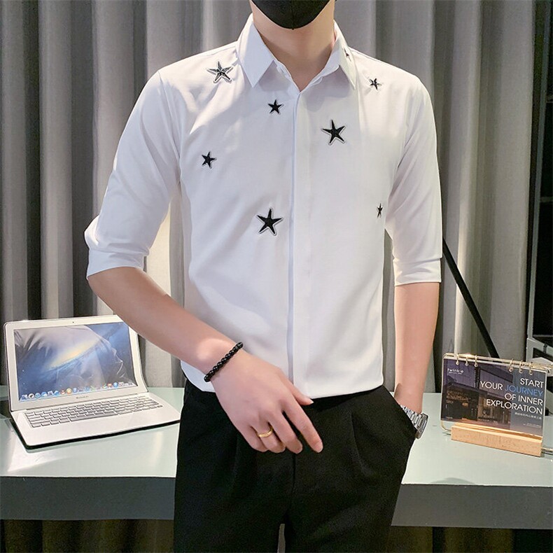 B2166506P502025夏装新潮男五角星刺绣中袖衬衫社会小伙风,男装衬衫,电商B216（原B302）