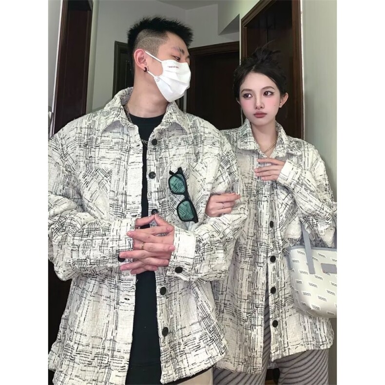661复古小香风衬衣宽松格子外套男女同款格纹长袖衬衫情侣潮,男装衬衫,星座308A-1（原309B-1）