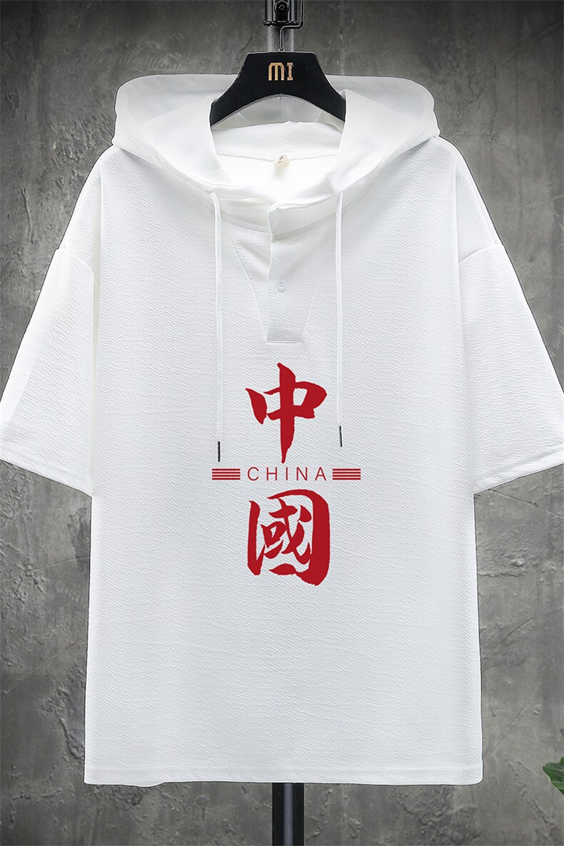LD54198-P45连帽短袖t恤男大码胖子带帽五分袖中袖展架,男装T恤,电商A040A