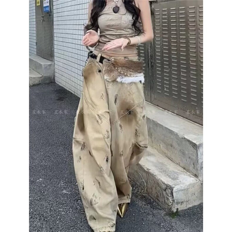 百搭原宿气质时尚ins流行文艺黄泥色牛仔长裤潮流日系简约慵懒图片