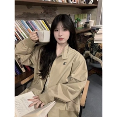 美式复古卡其色立领2025新款春秋外套宽松工装休闲夹克韩系上衣女，男装夹克，星座506A