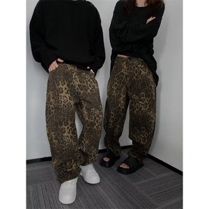 美式豹纹牛仔裤秋季复古重水洗阔腿工装情侣休闲裤子男LA1099-P46图片