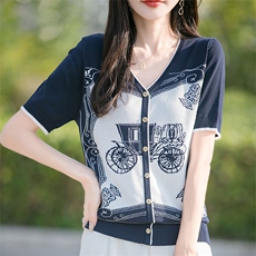 小马提花早秋莱赛尔羊毛长袖宽松显瘦拼色假开衫t恤女士V领上衣，女装针织衫/毛衣，萱芳婷羊绒