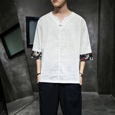 2021夏季中国风短袖T恤男士宽松大码拼接棉麻上衣QT6005-TX78-P35，男装T恤，星座1112-5（原712-5）