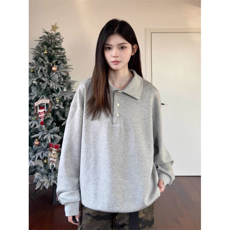 日系复古简约POLO翻领卫衣男女潮牌boxy基础百搭宽松休闲长袖上衣,男装Polo衫,星座601-1