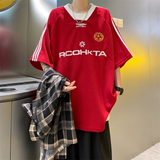 潮美式复古球衣V领短袖T恤男女休闲宽松印花字母上衣T0123-P32，男装T恤，星座308B-2
