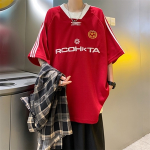 潮美式复古球衣V领短袖T恤男女休闲宽松印花字母上衣T0123-P32图片