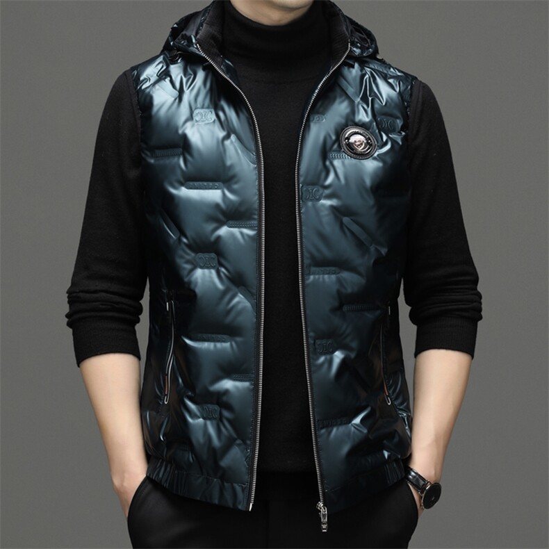 22冬季新款羽绒马甲男保暖外套80白鸭绒PU休闲连帽ZG22951-P170,男装羽绒服,钱塘6003（原4033）