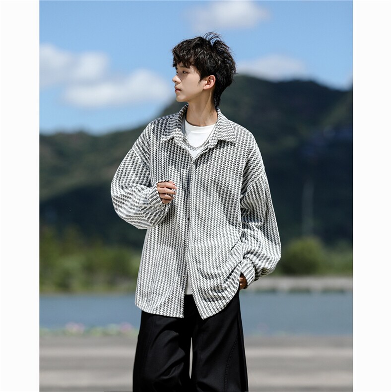 8XL-M鱼骨纹小香风衬衫男生春秋衬衣宽松慵懒垂感外套CS29009P45,男装衬衫,电商B312