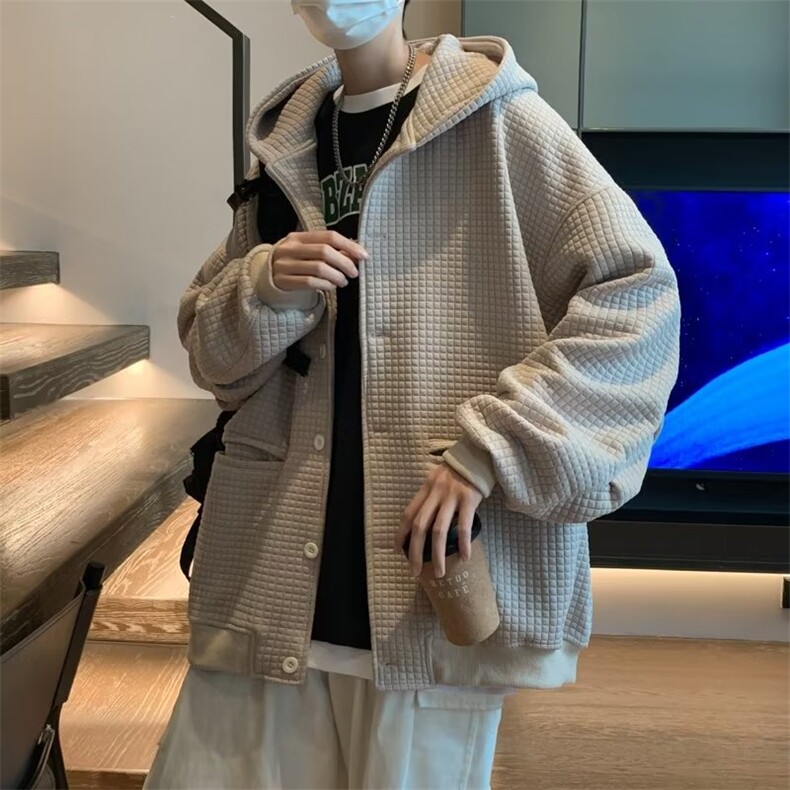 春秋季oversize潮牌开衫连帽卫衣日系复古华夫格外套男W6602-P50,男装卫衣,星座512-3