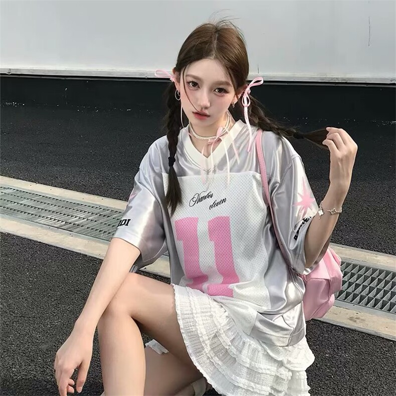 美式高街t恤男女夏季银色网纱拼接字母球衣缎面V领上衣潮STX400,男装T恤,星座208-5