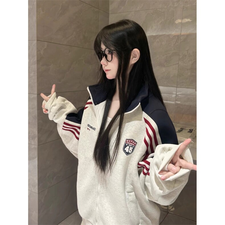 美式覆古撞色条纹徽章字母立领卫衣外套女春秋学院风开衫夹克上衣,男装夹克,星座506A