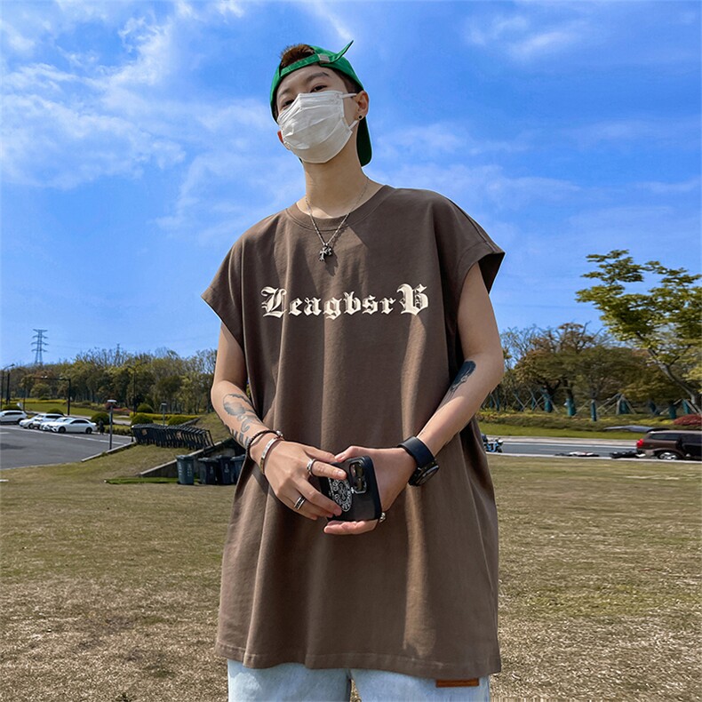 直播品质重磅纯棉220克美式印花宽松背心男女无袖t恤潮BX291P25,男装T恤,电商A486