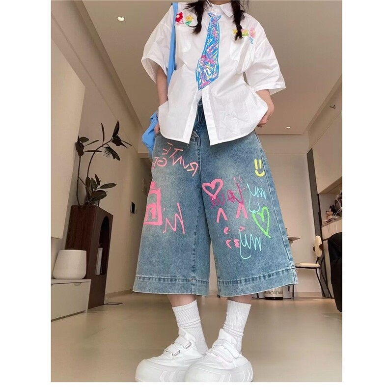 网图现货美式复古宽松涂鸦七分牛仔裤女K04/特P40,女装牛仔裤,星座205-3