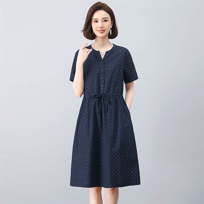 棉麻连衣裙女2025年夏季新款妈妈洋气减龄波点亚麻休闲中长款裙子,女装连衣裙,韩派