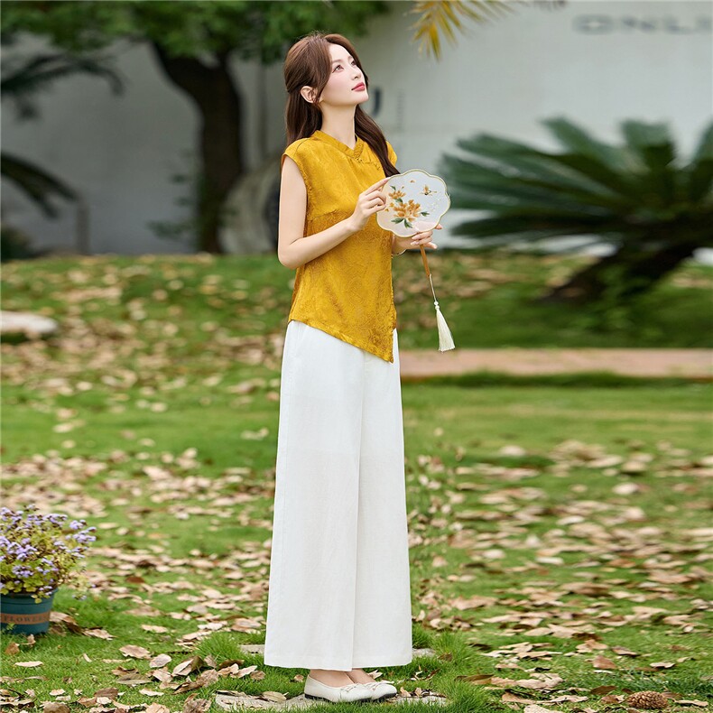 新中式风套装女夏高级感缎面提花天丝亚麻阔腿裤时尚洋气两件套,女装套装/套裙,丽影随形