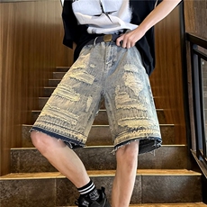 高街重破坏补丁猫须牛仔短裤男刮烂破洞潮夏季复古宽松五分裤男，男装牛仔裤，星座1013