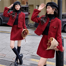 小香风套装裙2026秋季新款小个子超火韩系高级感红色羊毛呢两件套，女装套装/套裙，雅静靓衣