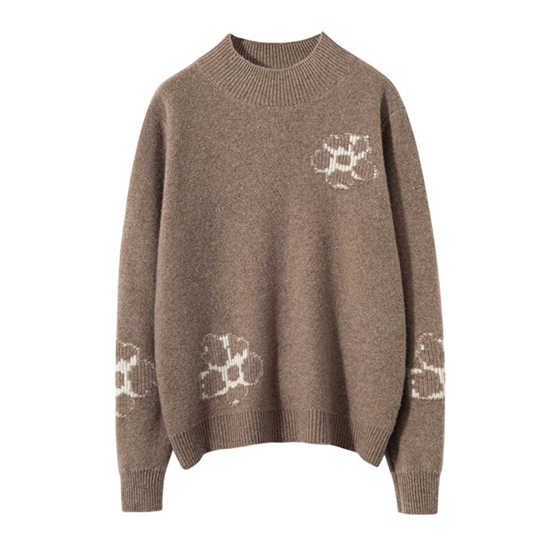 时尚百搭山茶花图案半高领羊毛衫，女装羊毛衫，宏杨羊绒