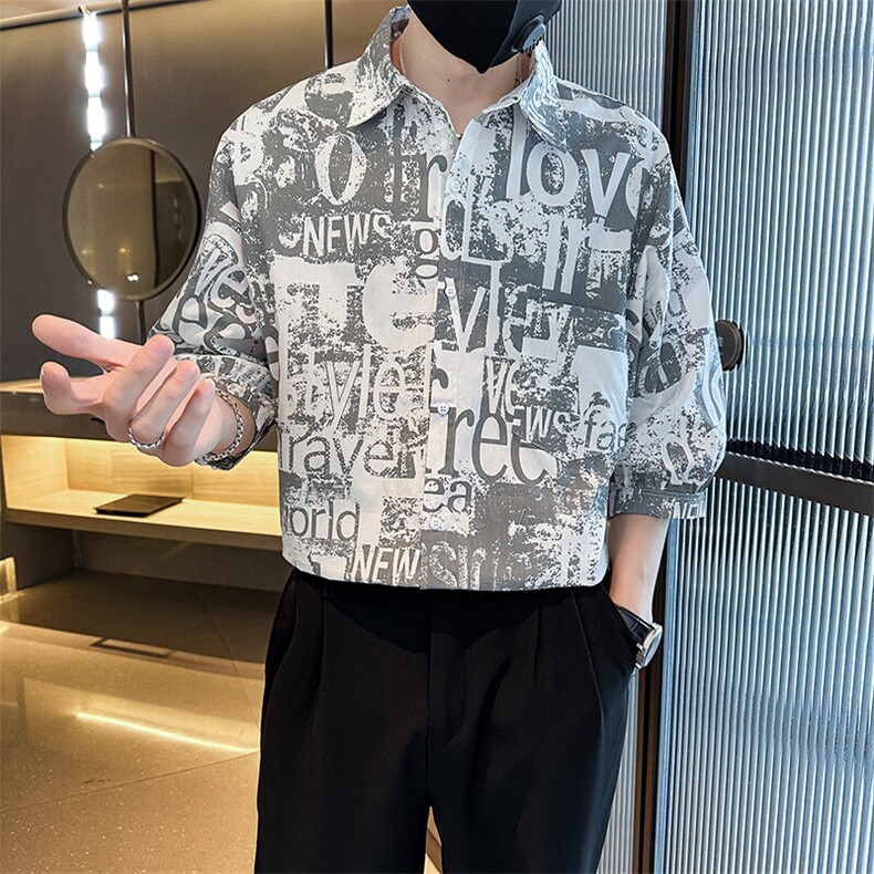2025春季新款衬衫男士七分袖印花衬衫潮牌宽松上衣901C16P58,男装衬衫,星座901