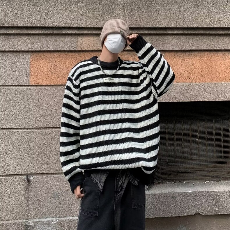 日系复古条纹毛衣男春秋冬宽松慵懒风内搭打底针织衫线衣外套潮牌,男装针织衫/毛衣,四季星座218-1