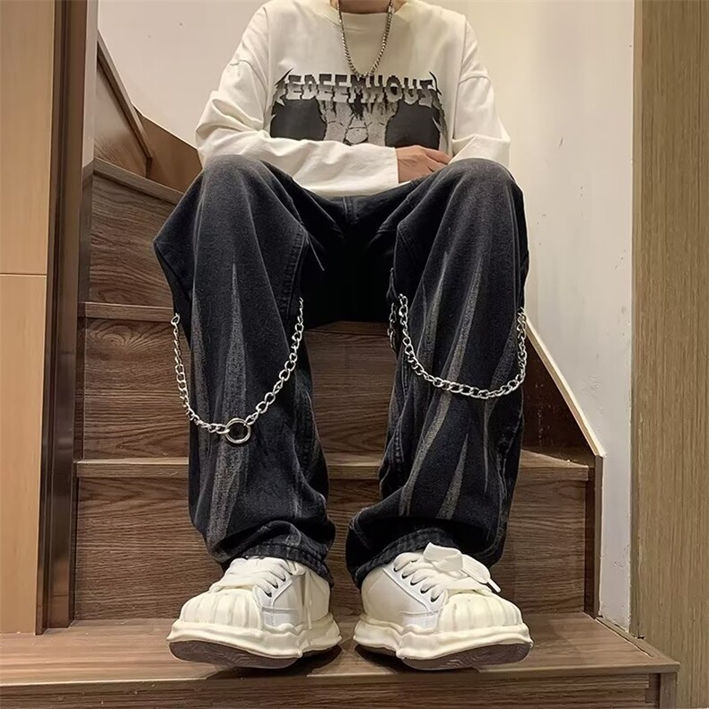 欧美hiphop裤子设计感高级感渐变扎染牛仔裤美式高街男挂链阔腿裤,男装牛仔裤,星座1210-1