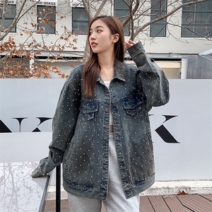 得物秋款欧美嘻哈做旧泼墨满钻牛仔外套潮宽松夹克衫JK3401 P110图片