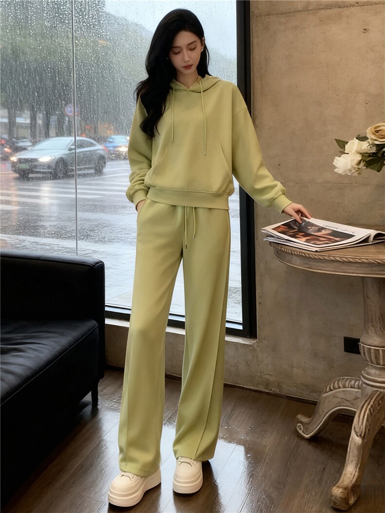女秋季网红炸街时尚运动套装盐系穿搭纯色连帽卫衣阔腿长裤两件套,女装套装/套裙,江南