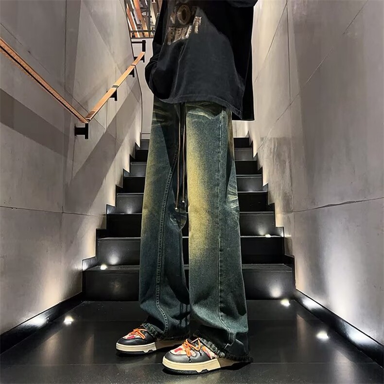 牛仔裤男秋季vibe美式潮牌水洗做旧裤子宽松直筒微喇长裤,男装牛仔裤,星座410-7