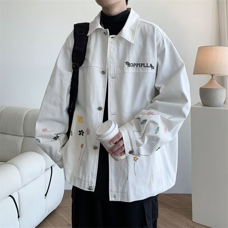 215-P60刺绣花朵翻领夹克男2025秋季新款宽松大码休闲外套,男装夹克,电商B323A