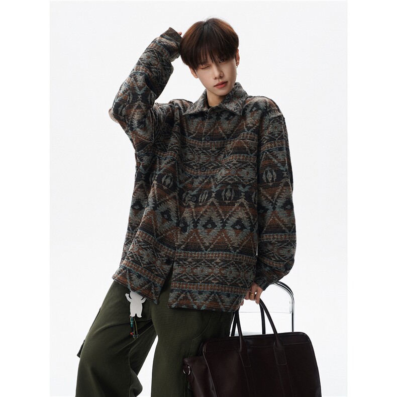 复古大码民族风衬衫男款春季粗花呢藏式休闲宽松外套CS29001，男装民族服装，电商B312