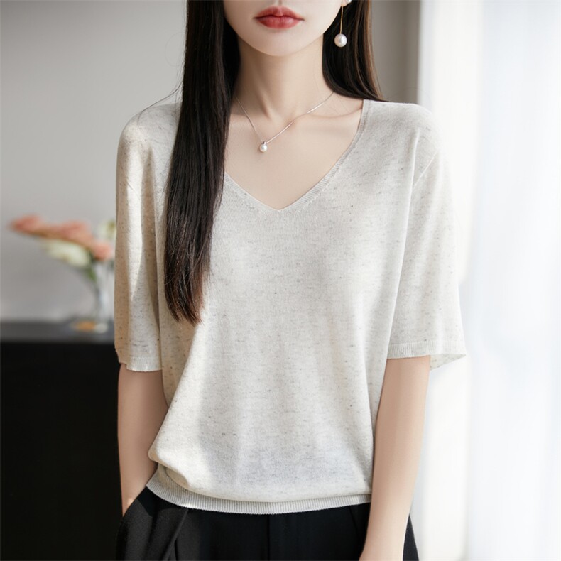 时髦洋气V领针织短袖T恤打底衫女夏季薄毛衣内搭宽松慵懒韩版通勤，女装T恤，东远绒业