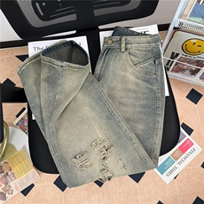 阔腿牛仔裤男款夏秋季新款破洞设计感美式复古高水洗裤子8039/P48，男装牛仔裤，星座506