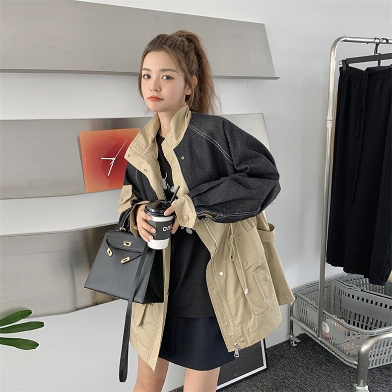 现货主推牛仔拼色时尚中长款外套,女装风衣,菡迪欧娜