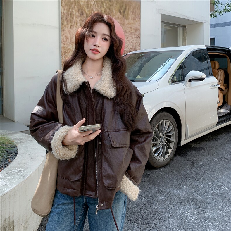 超柔PU皮白鸭绒羽绒内胆羊羔毛领羽绒服1D066-99846-P285-K385,女装羽绒服,1D066-1