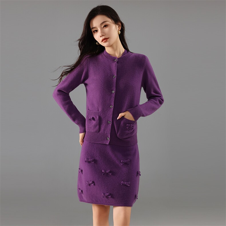 女士秋季新款时尚修身显瘦蝴蝶结针织套装裙，女装套装/套裙，奢优羊绒