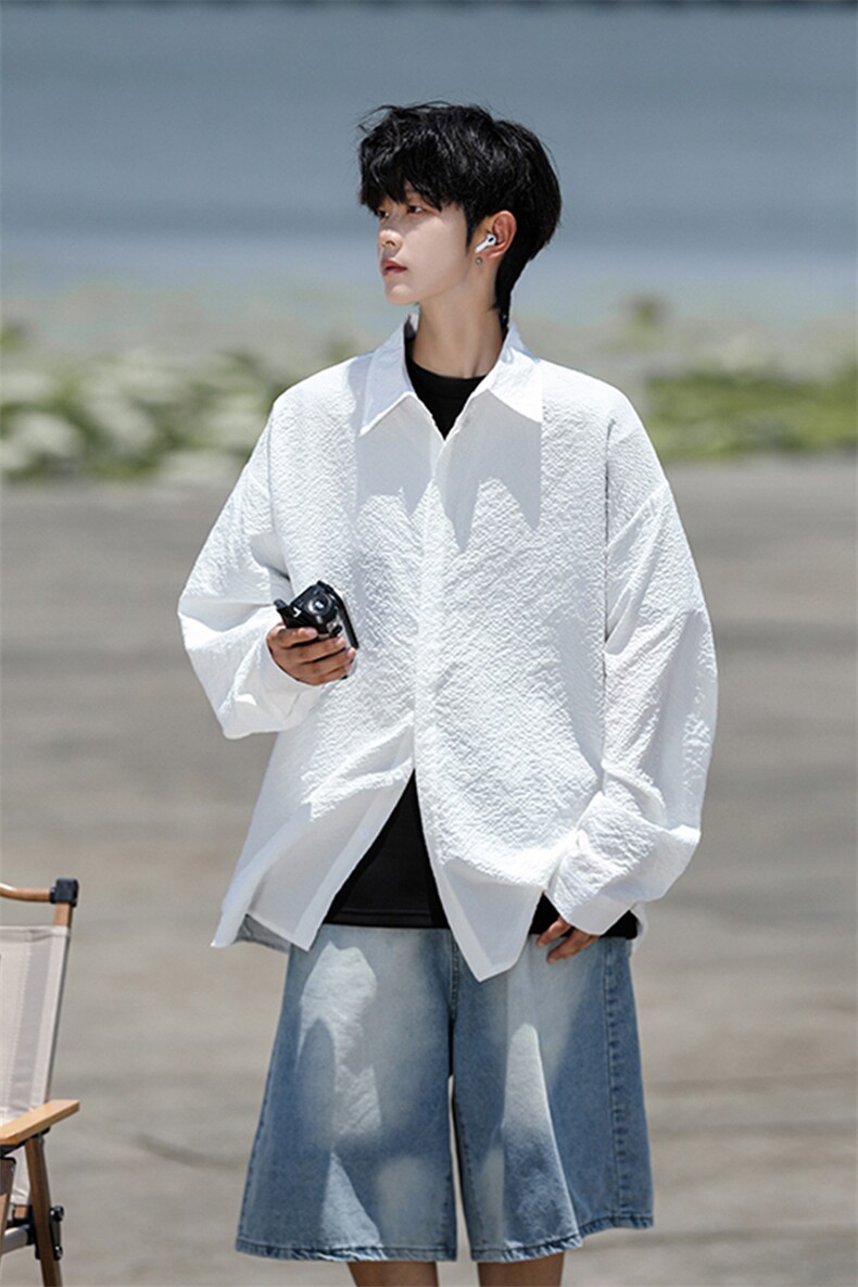8XL-M泡泡纱盐缩肌理长袖衬衫男春季冰丝外套防晒衬衣CS29007P40,男装防晒衣,电商B312