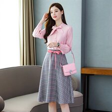 2021春秋季新款衬衫领拼接格子连衣裙简约气质知性优雅套装/套裙，女装套装/套裙，瑶迪依秀