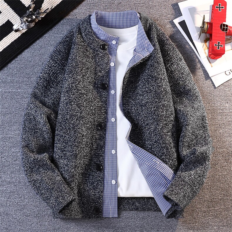 【抖音得物】2025秋季时尚毛衣针织开衫圆领男假两件长袖，男装针织衫/毛衣，电商A113