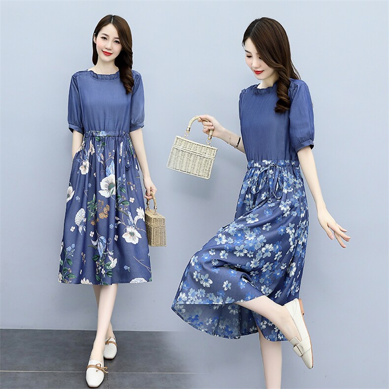 2024夏季新款简约时尚花边圆领系带收腰修身显瘦中长款印花连衣裙，女装连衣裙，伊航服饰