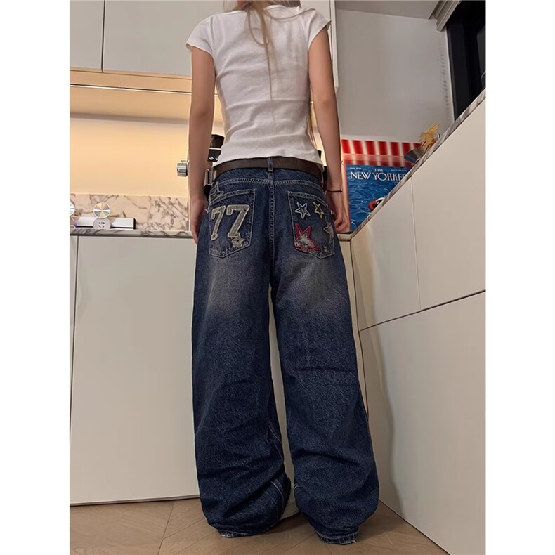 秋季新款美式高街复古阔腿裤高腰宽松水洗牛仔裤女LB31366-P52,男装牛仔裤,星座1008