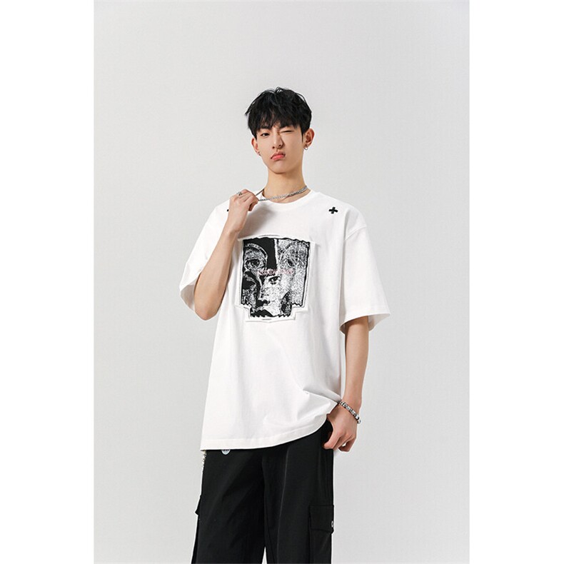 8XL-M美式街头风白色贴布男女情侣上衣短袖T恤半截袖DX330P48,男装T恤,电商D206-1